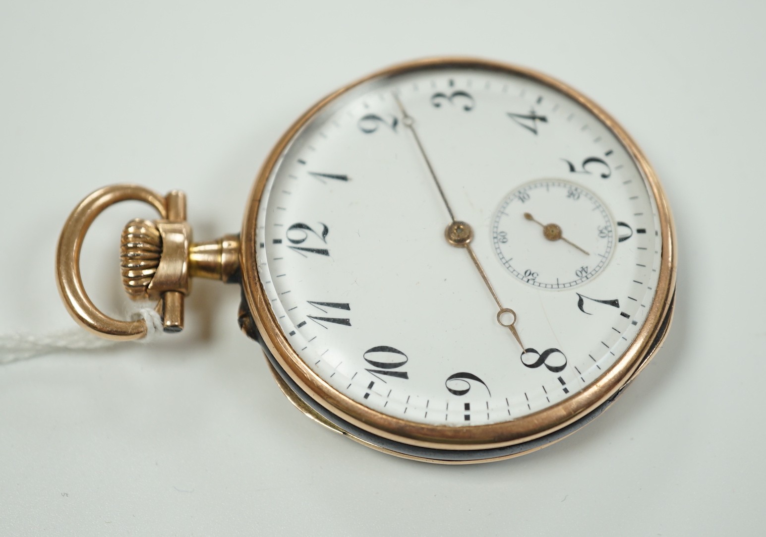 A late 19th century Swiss 935 white metal, gold plated and black enamel keyless lever open face pocket watch, in fitted case.